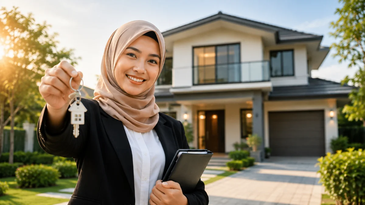 Perunding hartanah wanita memegang kunci rumah
