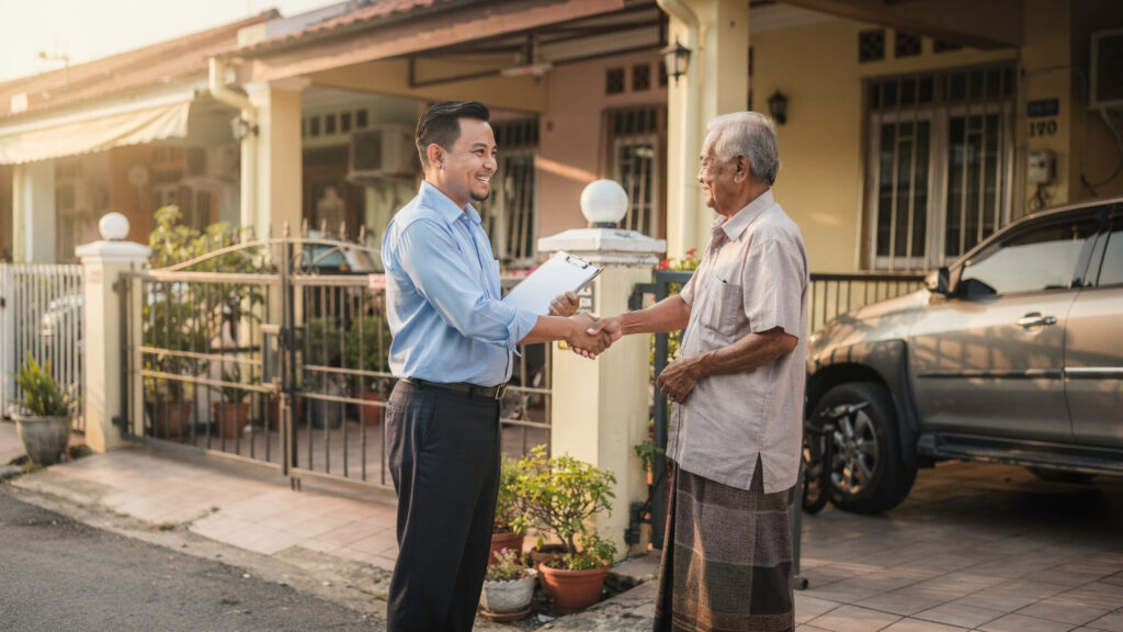 Perunding hartanah berjabat tangan dengan pemilik rumah di pintu pagar