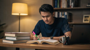 Calon ejen hartanah belajar untuk peperiksaan dengan buku rujukan