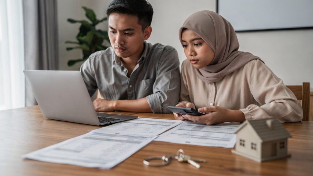 Pasangan mengira kos membeli rumah dengan kalkulator dan komputer riba