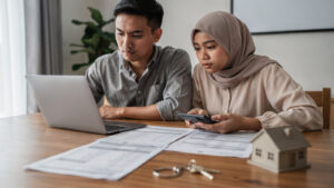 Pasangan mengira kos membeli rumah dengan kalkulator dan komputer riba