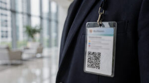 Kad pengenalan perunding hartanah dengan kod QR pada blazer